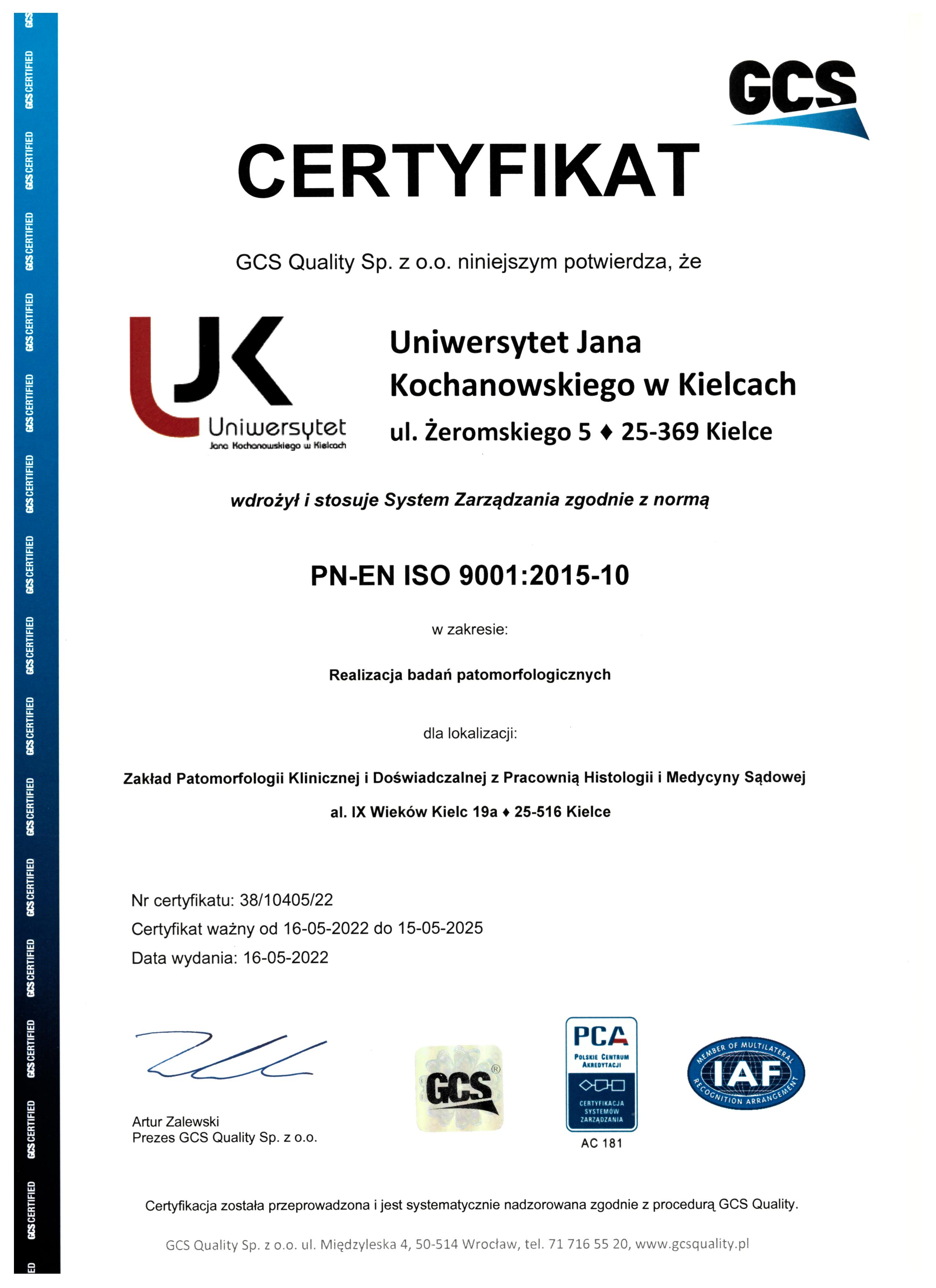 Certyfikat potwierdzający realizację badań patomorfologicznych