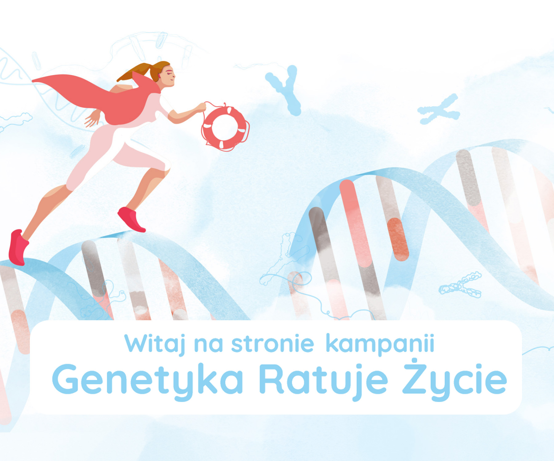 Genetyka Ratuje Życie, kobieta z kołem ratunkowym biegnie po kodzie DNA