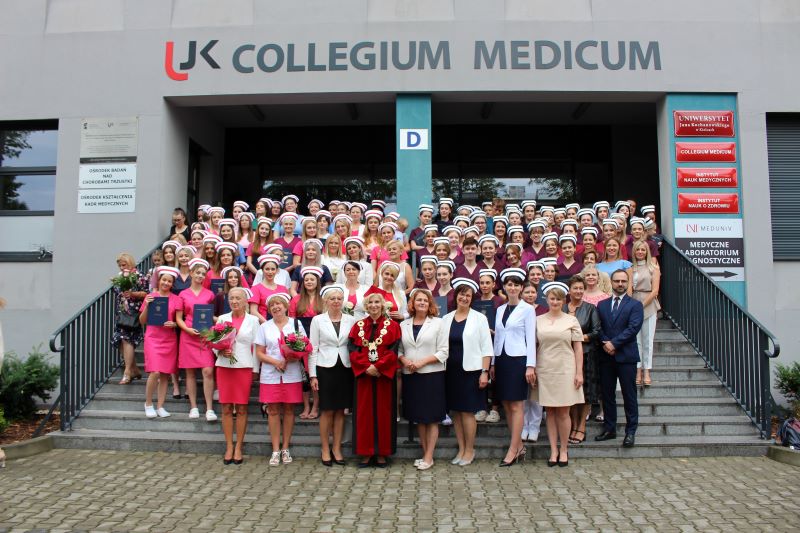 Prorektor D. Kozieł wraz z wykładowcami i studentkami przed budynkiem Collegium Medicum